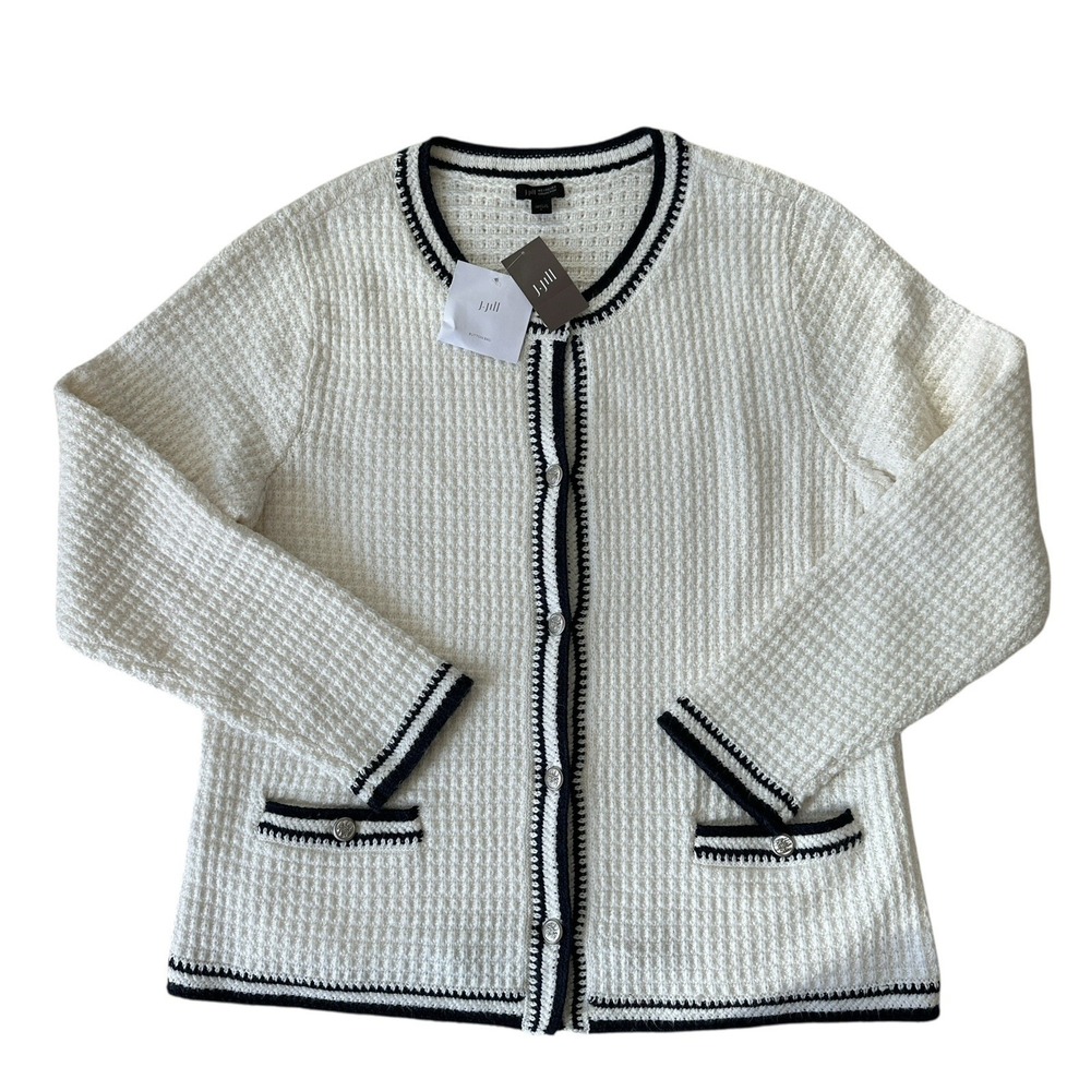 J. Jill Wearever Sweater Cardigan Women's Large Textured Contrast Trim NWT Knit‎